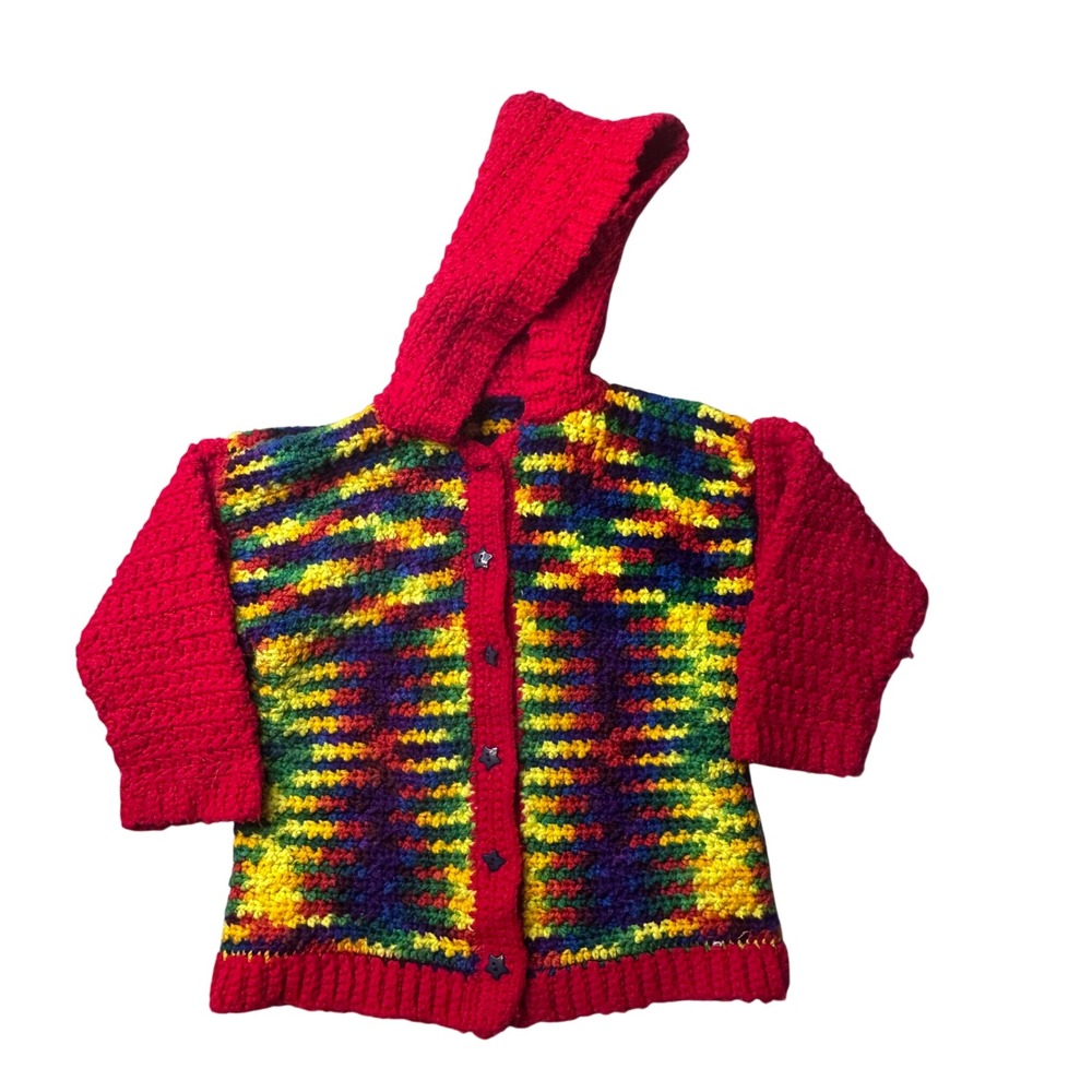 Handmade Crochet Cardigan Kids 4T Rainbow Hooded Star‎ Button Knit Sweater